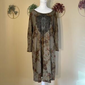 NWT! Studio Gem Taupe Floral Print Semi Sheer Long Sleeve Dress Large